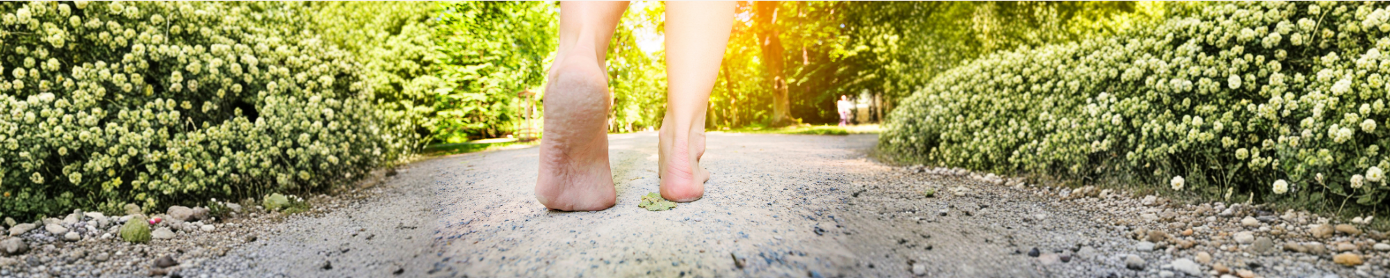 Une personne marche pieds nus sur un chemin